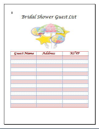 Bridal Shower Guest List Template