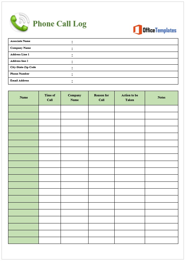 Phone Call Log Templates Office Templates
