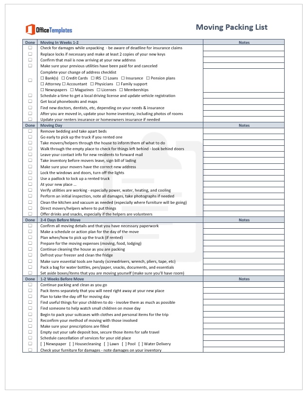 Moving Packing List Template 01